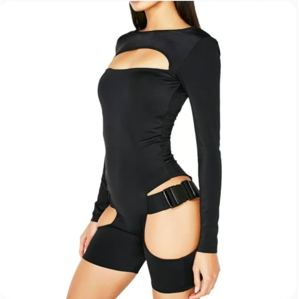 LIPT Black Long Sleeve Buckle Cut Out Bodysuit Small Techwear Rave Edgy Lycra